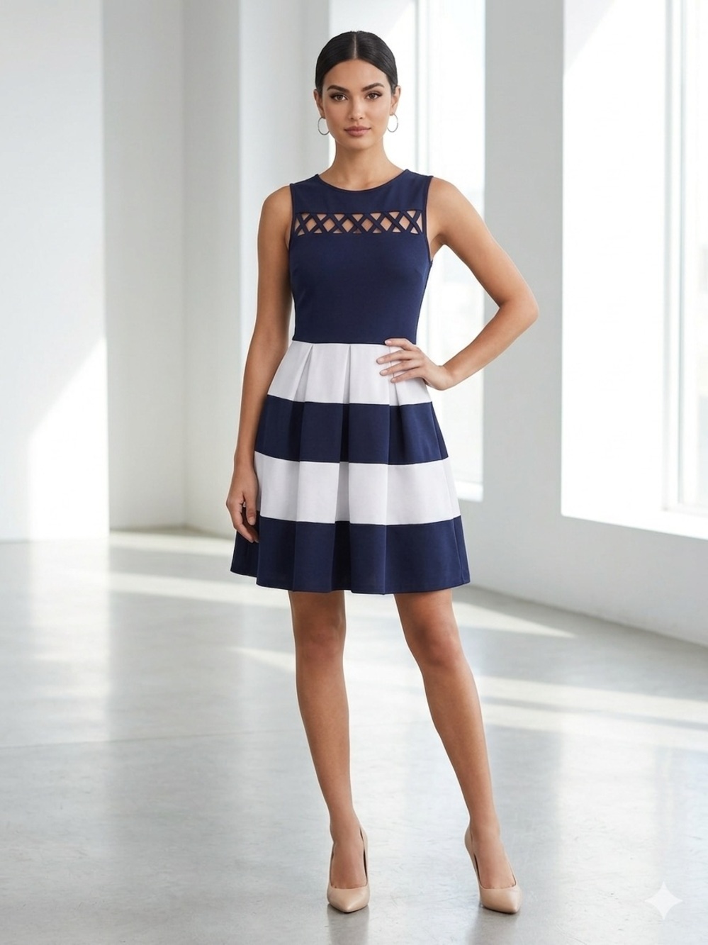 Speechless Navy & White Striped Fit-and-Flare Mini with Lattice Yoke